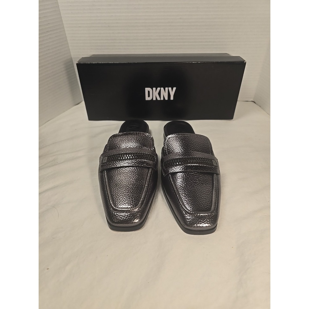 DKNY Black Loafer Zipper Strap Elin Square Toe‎ Slip On Leather Mules Womens 6